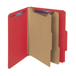 Smead® Pressboard Classification Folders With SafeSHIELD® Fasteners, 2 Dividers, Letter Size, 100% Recycled, Bright Red, Box Of 10
