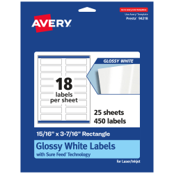 Avery® Glossy Permanent Labels With Sure Feed®, 94218-WGP25, Rectangle, 15/16" x 3-7/16", White, Pack Of 450
