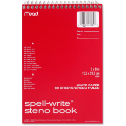 Mead® Spell-Write Wire Bound Steno Book, 6" x 9", 80 Sheets, Red