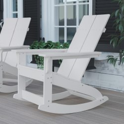 Flash Furniture Finn Modern Commercial Grade All-Weather 2-Slat Poly Resin Wood Rocking Adirondack Chair, White