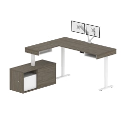 Bestar Pro-Vega 81"W L-Shaped Standing Desk With Dual Monitor Arm And Credenza, Walnut Gray/White