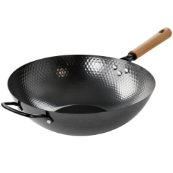 Oster Bressler Carbon Steel Nonstick Wok With Wooden Handle, 13-1/2", Black/Brown