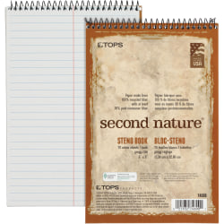 TOPS Second Nature Spiral Steno Notebook - 70 Sheets - Spiral - 0.34" Ruled - 15 lb Basis Weight - 6" x 9" - 1" x 6" x 9" - White Paper - Blue, Gray, Brown Cover - Acid-free - Recycled - 4 / Pack