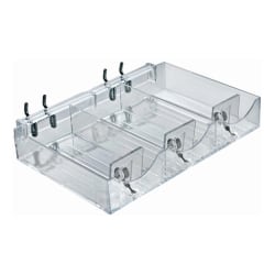 Azar Displays 3-Compartment Cosmetic Trays For Pegboard/Slatwall, Metal U-Hooks, Small Size, 1 1/2" x 9 1/8" x 5 3/16", Clear, Pack Of 2