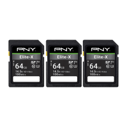 PNY® Elite-X Class 10 U3 V30 100 Mbps SDXC Flash Memory Cards, 64GB, Pack Of 3 Memory Cards