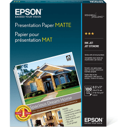 Epson® Presentation Paper, Letter Size (8 1/2" x 11"), 27 Lb, Matte White, Pack Of 100 Sheets