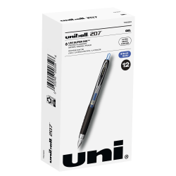 uni-ball® 207™ Retractable Fraud Prevention Gel Pens, Ultra Micro Point, 0.38 mm, Black Barrels, Blue Ink, Pack Of 12