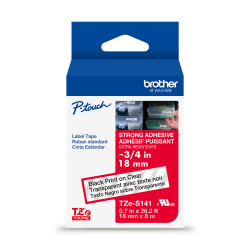 Brother P-Touch TZeS141, Strong Adhesive Laminated, ~3/4in x 26.2ft (18mm x 8m), Black on Clear Label Tape