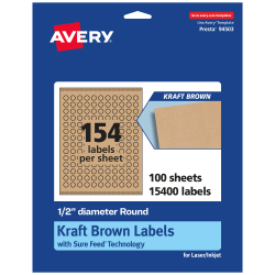 Avery® Kraft Permanent Labels With Sure Feed®, 94503-KMP100, Round, 1/2" Diameter, Brown, Pack Of 15,400