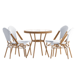 Flash Furniture Lourdes Indoor/Outdoor Commercial Bistro 31.5" Table, PE Rattan, Glass Top with 4 Stack Chairs, White & Gray Rattan/Natural Frame