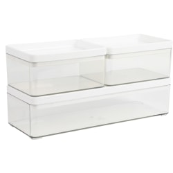 Martha Stewart Grady Stackable Plastic Storage Boxes with Lids, 2-1/2"H x 11"W x 4"D, Clear/White, Set Of 3 Boxes