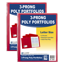 C-Line 2-Pocket Heavyweight Poly Portfolio Folders With Prongs, 8-1/2" x 11", Red, 10 Folders Per Pack, Set Of 2 Packs