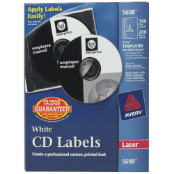 Avery® CD/DVD Print-to-the-Edge Labels, 5698, Round, 4.65" Diameter, White, 100 Disc Labels And 200 Spine Labels
