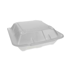 Pactiv Evergreen Vented Foam Hinged Lid Containers, 3-Compartment, Dual Tab Lock Economy, 3-1/4"H x 9-3/16"W x 9"D, White, Carton Of 150 Containers