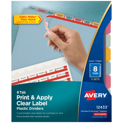 Avery® 8 Tab Plastic Dividers For 3 Ring Binder, Easy Print & Apply Clear Label Strip, Index Maker® Customizable, Multicolor Tabs, Pack Of 5 Sets