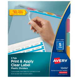 Avery® Print & Apply Clear Label Translucent Plastic Dividers with Index Maker® Easy Apply™ Printable Label Strip, 5 Multicolor Tabs, Pack Of 5 Sets