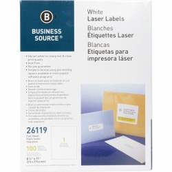 Business Source Address Labels - 8 1/2"x 11" - Permanent Adhesive - Rectangle - Laser, Inkjet - White - 26119
