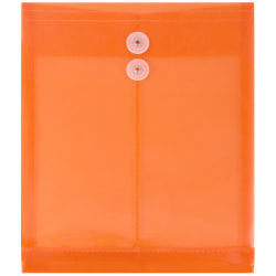 JAM Paper® Open-End Plastic Envelopes, Letter-Size, 9 3/4" x 11 3/4", Button & String Closure, Orange, Pack Of 12