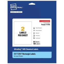 Avery® Ultra Duty® Permanent GHS Chemical Labels, 97194-WMU50, Rectangle, 5-1/2" x 8-1/2", White, Pack Of 100