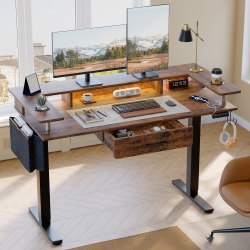 Bestier 59"W Electric Adjustable Height Standing Desk With Monitor Riser, Rustic Brown