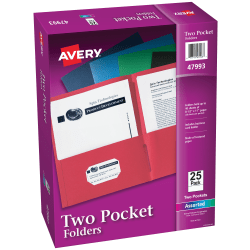 Avery® Two Pocket Folders, 8-1/2" x 11", Assorted (Black, Dark Blue, Green, Light Blue, Red), Box Of 25