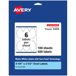 Avery® Permanent Labels With Sure Feed®, 94058-WMP100, Oval, 4-1/4" x 2-1/2", White, Pack Of 600