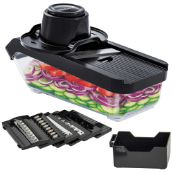 Brentwood® Mandoline Slicer & Cheese Grater with 3.6-Cup Storage Container & 6 Interchangeable Stainless Steel Blades, Black, KA-5046BK