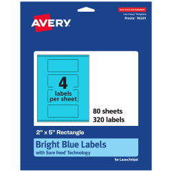 Avery® Print-To-The-Edge Labels With Sure Feed® Technology, 94241-BBP80, Rectangle, 2" x 5", Matte Bright Blue, Pack of 320