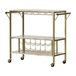 South Shore Maliza Bar Cart With Wine Bottle Storage And Wine Glass Rack, 32-3/4" x 37-1/2", Faux Carrara Marble/Gold