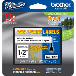 Brother® TZ Flexible Label Tape, TZEFX-231, 0.47" x 26.2', Black Print/White Label