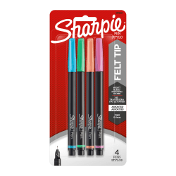 Sharpie® Fine-Point Pens, Fine Point, 0.3 mm, Black Barrels, Assorted Ink Colors, Pack Of 4