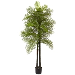 Nearly Natural Double Robellini Palm 84"H UV Resistant Indoor/Outdoor Tree With Pot, 84"H x 48"W x 48"D, Green