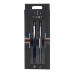 Parker® Jotter London Duo Pen Set, Medium Point, Blue/Stainless Steel Barrel, Blue/Black Ink, Set of 2 Pens