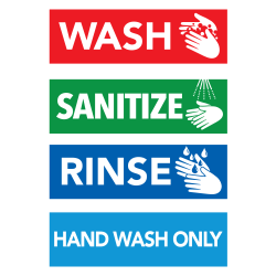 COSCO® "Wash/Rinse/Dry/Sanitize" Kitchen Safety Vinyl Decals, 2-3/4" x 9", Red/Blue/Green/Yellow, Pack Of 4 Decals