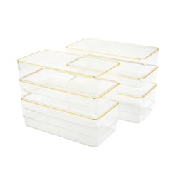 Martha Stewart Kerry Plastic Stackable Office Desk Drawer Organizers, 2"H x 3"W x 6"D, Clear/Gold Trim, Pack Of 6 Organizers