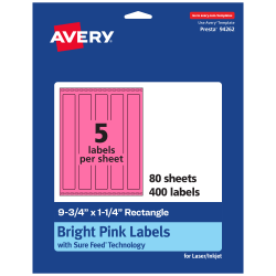 Avery® Print-To-The-Edge Labels With Sure Feed® Technology, 94262-BPP80, Rectangle, 9-3/4" x 1-1/4", Matte Bright Pink, Pack of 400