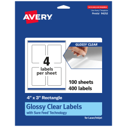 Avery® Glossy Permanent Labels With Sure Feed®, 94252-CGF100, Rectangle, 4" x 3", Clear, Pack Of 400