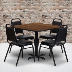 Flash Furniture Square Table Set With 4 Trapezoidal-Back Banquet Chairs, 30"H x 36"W x 36"D, Walnut/Black