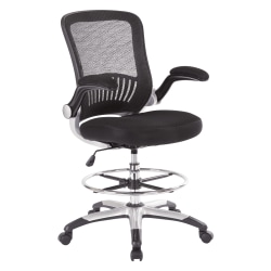 Office Star Mesh Back Drafting Chair With Mesh Seat, Adjustable Foot Ring And Padded Flip Arms, Black/Silver