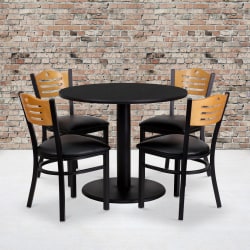 Flash Furniture Round Laminate Table Set With 4 Wood Slat-Back Metal Chairs, 30"H x 36"W x 36"D, Black