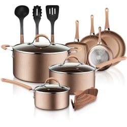 NutriChef Diamond Home Kitchen Cookware Set (Blue) - 14 Pieces - Cooking, Frying, Sauce - 8" Frying Pan - 10" 2nd Frying Pan - 12" 3rd Frying Pan - 1.25 gal Dutch Oven Griddle - Gold - Aluminum, Metal, Nylon, Silicone, Ceramic Body