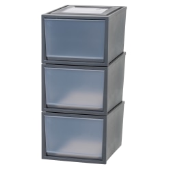 Iris® Stackable Storage Bins With Drawers, 14-3/16" x 16-1/8", Gray, Set Of 3 Bins