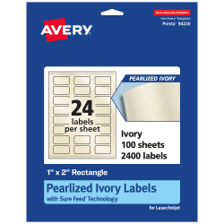 Avery® Pearlized Permanent Labels With Sure Feed®, 94220-PIP100, Rectangle, 1" x 2", Ivory, Pack Of 2,400 Labels