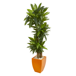 Nearly Natural Dracaena 66"H Artificial Real Touch Plant With Square Planter, 66"H x 25"W x 25"D, Green/Orange