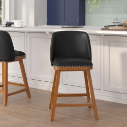 Flash Furniture Julia Transitional Upholstered Counter Stools, Black LeatherSoft/Walnut, Set Of 2 Stools