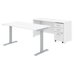 Bush Business Furniture Studio C Electric 60"W x 30"D Height Adjustable Standing Desk, Credenza and One Mobile File Cabinet, White, Standard Delivery