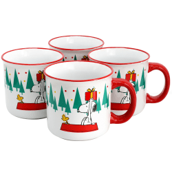 Peanuts Snoopy And Woodstock 4-Piece Stoneware Christmas Tree Mug Set, 21 Oz, Red/Multicolor