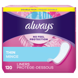 Always Thin No Feel Protection Daily Liners, Regular Absorbency, Unscented, Pack Of 120 Liners