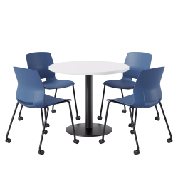 KFI Studios Proof Cafe Round Pedestal Table With Imme Caster Chairs, Includes 4 Chairs, 29"H x 36"W x 36"D, Designer White Top/Black Base/Navy Chairs