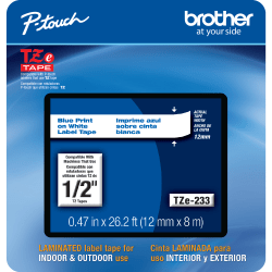 Brother® TZE233CS Genuine P-Touch Laminated Label Tape, 1/2" x 26-1/4', White/Blue